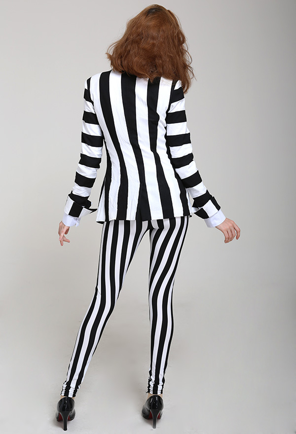Gothic Vertical Stripes Curvy-fit Jacket Suit Black and White Cotton Jacket Suit with Tie Halloween Costume for Woman Gothic Vertical Stripes Curvy-fit Jacket Suit Black and White Cotton Jacket Suit with Tie Halloween Costume for Woman