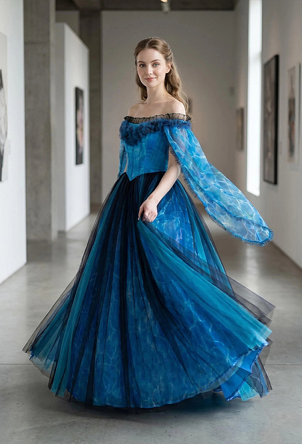 Stitched by Grace Halloween Blue Off-the-Shoulder Long Dress Bell-Sleeve Layered Dress Stitched by Grace Halloween Blue Off-the-Shoulder Long Dress Bell-Sleeve Layered Dress