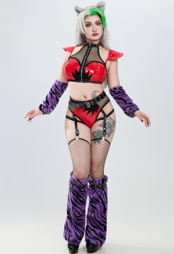 Gothic Sexy Lingerie Set Crop Top and Net Patchwork Shorts with Headband and Belt