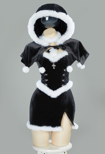 Silent Night Christmas Gothic Black Dress Set Dark Witch Style Furry Dress with Cloak Hat Gloves