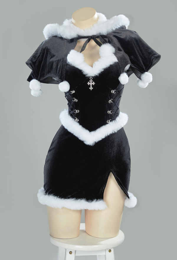 Silent Night Christmas Gothic Black Dress Set Dark Witch Style Furry Dress with Cloak Hat Gloves Silent Night Christmas Gothic Black Dress Set Dark Witch Style Furry Dress with Cloak Hat Gloves