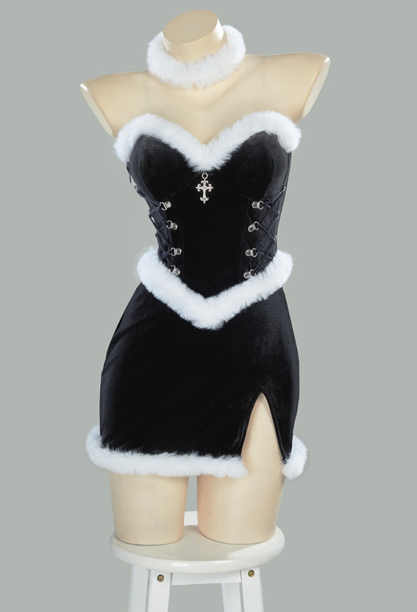Silent Night Christmas Gothic Black Dress Set Dark Witch Style Furry Dress with Cloak Hat Gloves Silent Night Christmas Gothic Black Dress Set Dark Witch Style Furry Dress with Cloak Hat Gloves