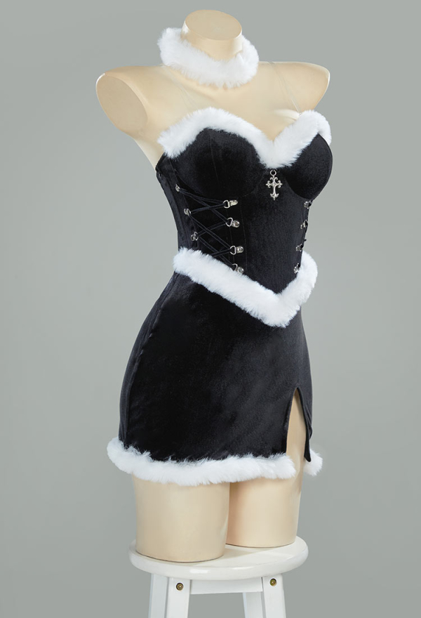 Silent Night Christmas Gothic Black Dress Set Dark Witch Style Furry Dress with Cloak Hat Gloves Silent Night Christmas Gothic Black Dress Set Dark Witch Style Furry Dress with Cloak Hat Gloves
