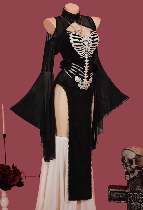 Bone To Be Wild Gothic Skeleton Halloween Dress Black Skull Slit Dress and Cutout Flare Sleeve Cloak with Necklace