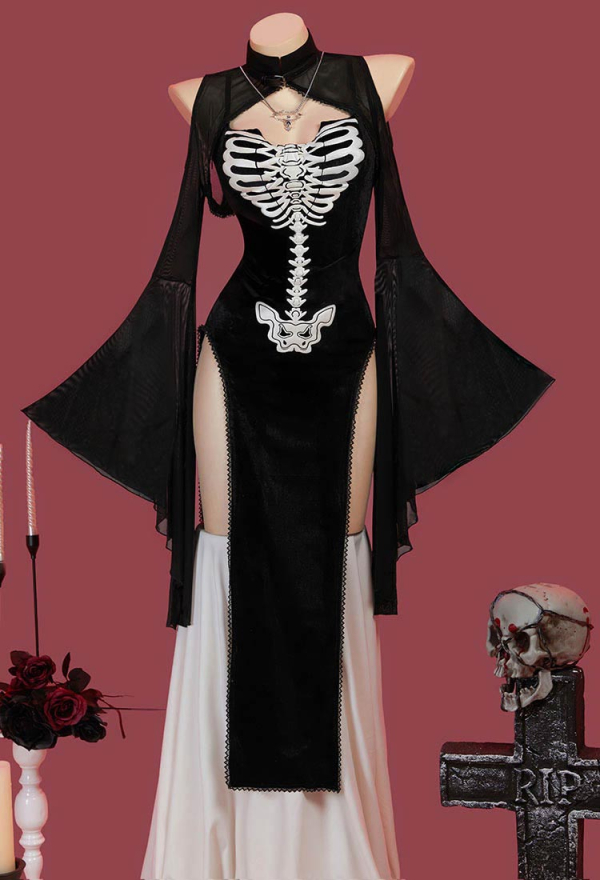 Bone To Be Wild Gothic Skeleton Halloween Dress Black Skull Slit Dress and Cutout Flare Sleeve Cloak with Necklace