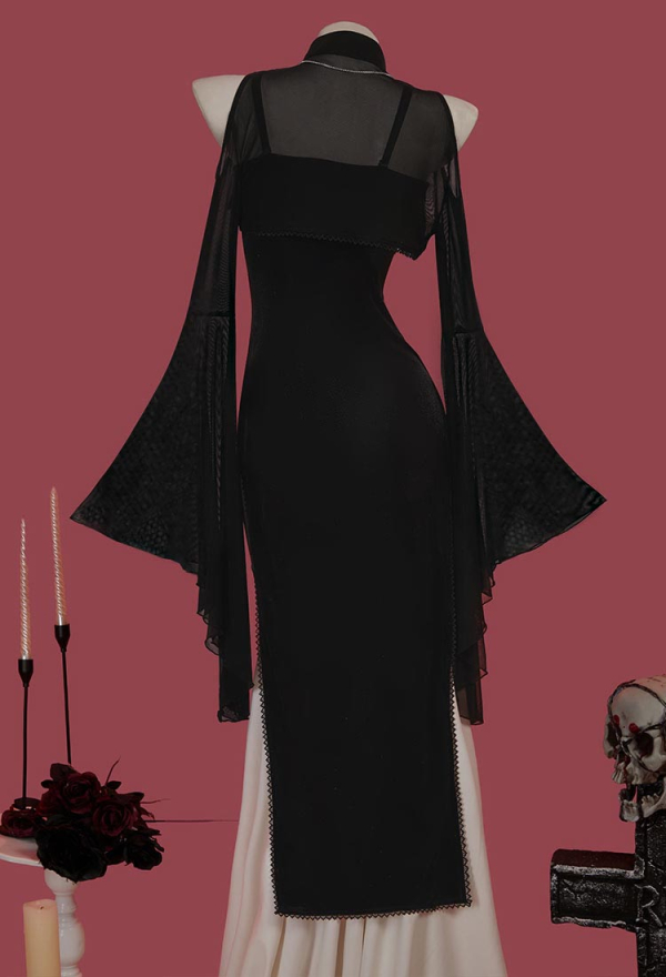 Bone To Be Wild Gothic Skeleton Halloween Dress Black Skull Slit Dress and Cutout Flare Sleeve Cloak with Necklace