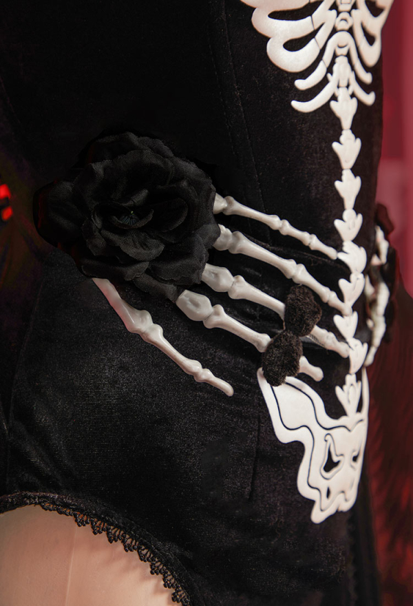 Bone To Be Wild Gothic Skeleton Halloween Dress Black Skull Slit Dress and Cutout Flare Sleeve Cloak with Necklace