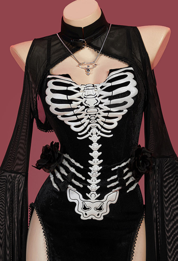 Bone To Be Wild Gothic Skeleton Halloween Dress Black Skull Slit Dress and Cutout Flare Sleeve Cloak with Necklace