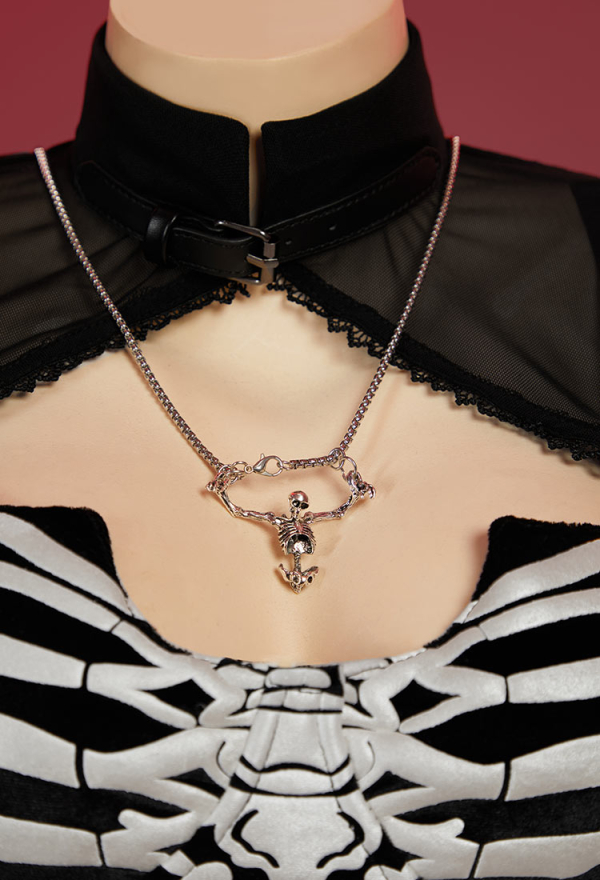 Bone To Be Wild Gothic Skeleton Halloween Dress Black Skull Slit Dress and Cutout Flare Sleeve Cloak with Necklace