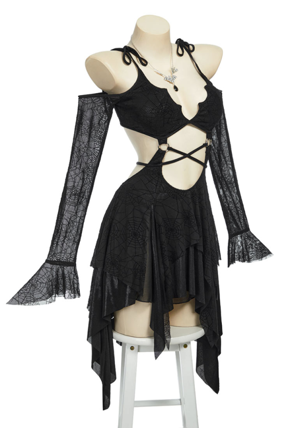 Pretty Crawler Gothic Dress Black Camisole Cut Out Dress Spiderweb Long Sleeves Dress Irregular Dress with Necklace