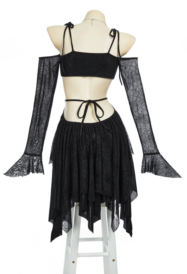 Pretty Crawler Gothic Dress Black Camisole Cut Out Dress Spiderweb Long Sleeves Dress Irregular Dress with Necklace