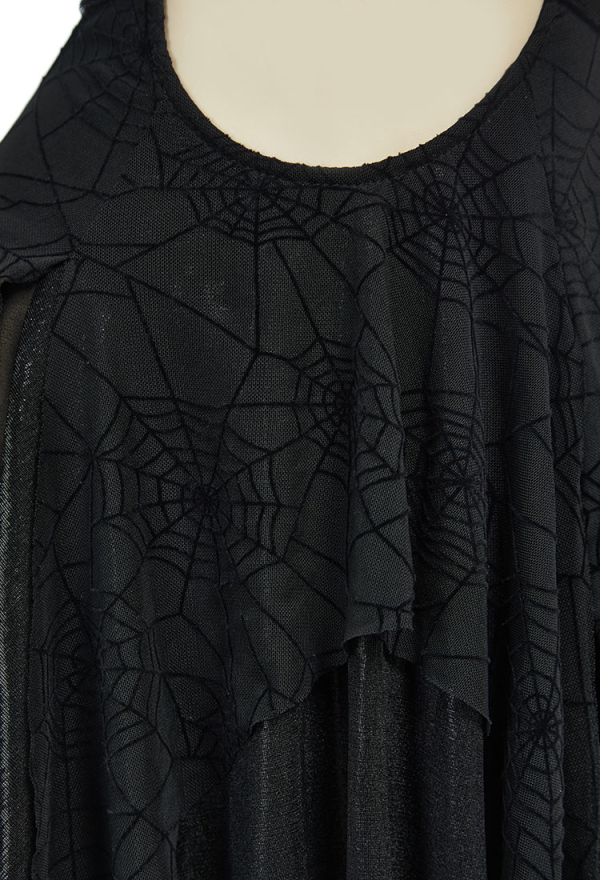 Pretty Crawler Gothic Dress Black Camisole Cut Out Dress Spiderweb Long Sleeves Dress Irregular Dress with Necklace