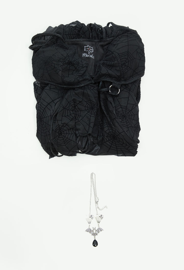 Pretty Crawler Gothic Dress Black Camisole Cut Out Dress Spiderweb Long Sleeves Dress Irregular Dress with Necklace