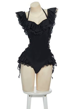 Timeless Abyss Gothic Black Victorian Swimwear Vintage Style Bathing Suit Cross Lace-up Ruffle One Piece Swimsuit