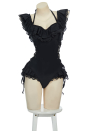 Timeless Abyss Gothic Black Victorian Swimwear Vintage Style Bathing Suit Cross Lace-up Ruffle One Piece Swimsuit