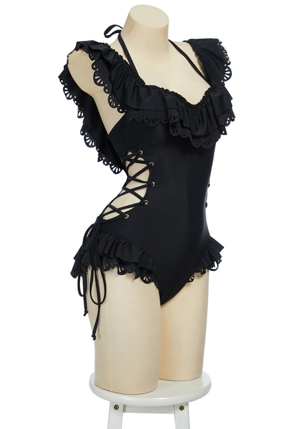 Timeless Abyss Gothic Black Victorian Swimwear Vintage Style Bathing Suit Cross Lace-up Ruffle One Piece Swimsuit Timeless Abyss Gothic Black Victorian Swimwear Vintage Style Bathing Suit Cross Lace-up Ruffle One Piece Swimsuit