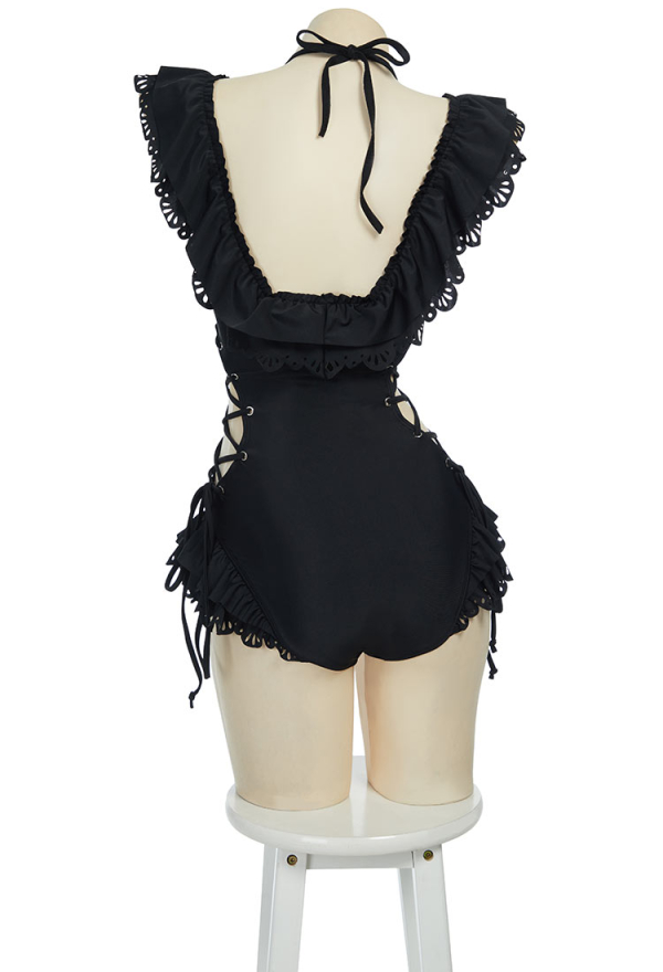 Timeless Abyss Gothic Black Victorian Swimwear Vintage Style Bathing Suit Cross Lace-up Ruffle One Piece Swimsuit Timeless Abyss Gothic Black Victorian Swimwear Vintage Style Bathing Suit Cross Lace-up Ruffle One Piece Swimsuit