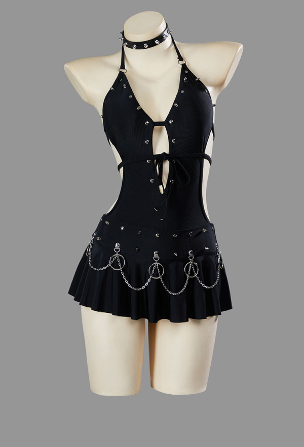 Dark Rebel Gothic Black Deep V Cutout One-Piece Swimsuit Punk Style Bathing Suit with Choker Dark Rebel Gothic Black Deep V Cutout One-Piece Swimsuit Punk Style Bathing Suit with Choker