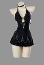 Dark Rebel Gothic Black Deep V Cutout One-Piece Swimsuit Punk Style Bathing Suit with Choker