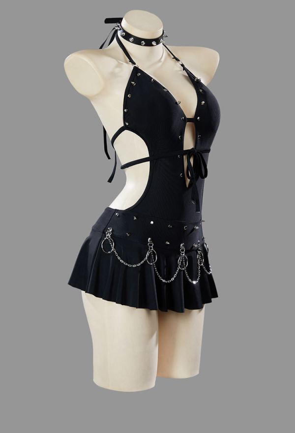 Dark Rebel Gothic Black Deep V Cutout One-Piece Swimsuit Punk Style Bathing Suit with Choker Dark Rebel Gothic Black Deep V Cutout One-Piece Swimsuit Punk Style Bathing Suit with Choker