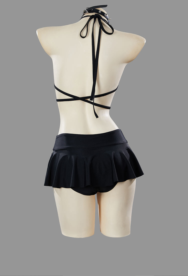 Dark Rebel Gothic Black Deep V Cutout One-Piece Swimsuit Punk Style Bathing Suit with Choker Dark Rebel Gothic Black Deep V Cutout One-Piece Swimsuit Punk Style Bathing Suit with Choker