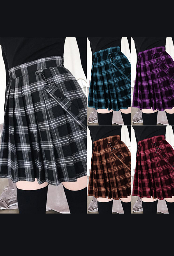 Gothic Punk Pleated Mini Skirt Polyester High Waist Plaid Skirt