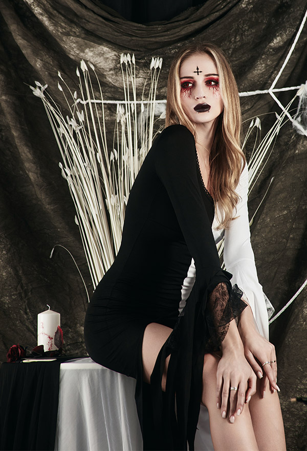 Womens Witch Costumes Gothic Black and White Symmetrical V Neckline Lace Sleeve Slit Dress for Halloween