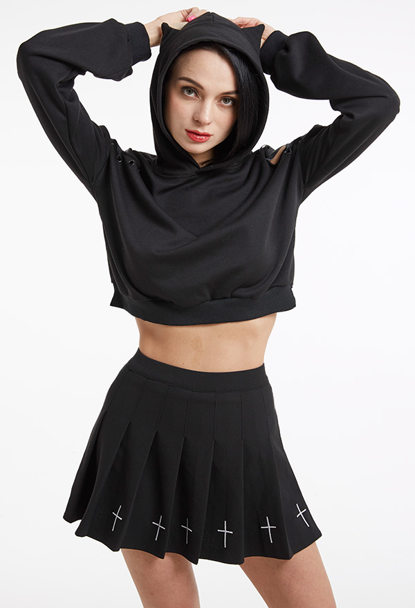 Gothic Plush Hoodie Dark Style Black Polyester Halloween Cat Ear Hoodie
