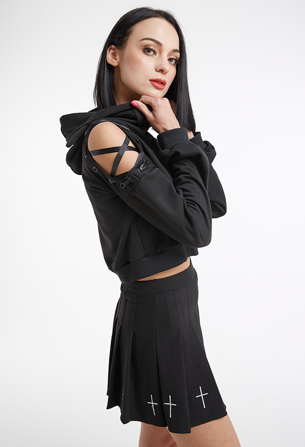 Gothic Plush Hoodie Dark Style Black Polyester Halloween Cat Ear Hoodie