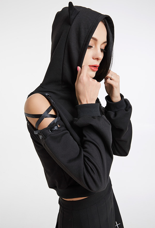 Gothic Plush Hoodie Dark Style Black Polyester Halloween Cat Ear Hoodie