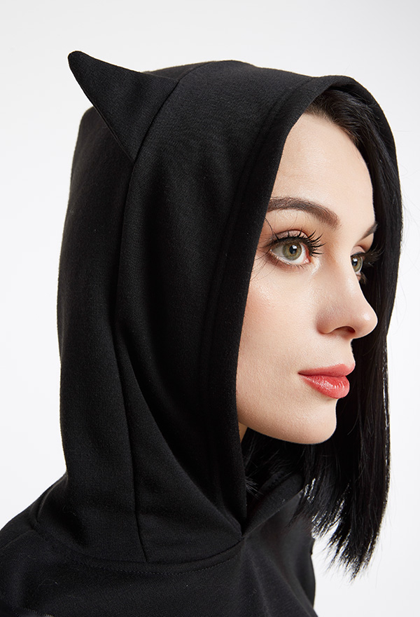 Gothic Plush Hoodie Dark Style Black Polyester Halloween Cat Ear Hoodie