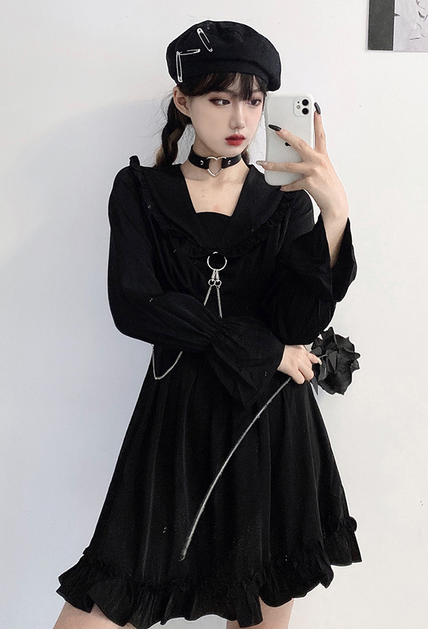 Gothic Punk V Neck Party Dress Dark Style Black Polyester Long Sleeve Ruffled Dress Gothic Punk V Neck Party Dress Dark Style Black Polyester Long Sleeve Ruffled Dress