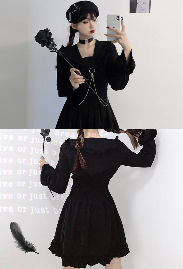 Gothic Punk V Neck Party Dress Dark Style Black Polyester Long Sleeve Ruffled Dress Gothic Punk V Neck Party Dress Dark Style Black Polyester Long Sleeve Ruffled Dress