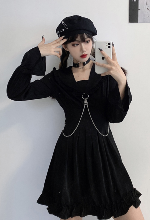 Gothic Punk V Neck Party Dress Dark Style Black Polyester Long Sleeve Ruffled Dress Gothic Punk V Neck Party Dress Dark Style Black Polyester Long Sleeve Ruffled Dress