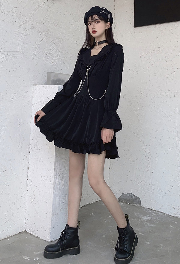 Gothic Punk V Neck Party Dress Dark Style Black Polyester Long Sleeve Ruffled Dress Gothic Punk V Neck Party Dress Dark Style Black Polyester Long Sleeve Ruffled Dress