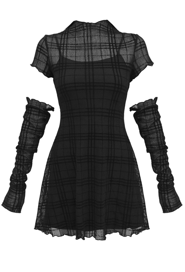 Gothic Grunge Party Dress Dark Style Black Polyester Retro Plaid Short Sleeve Dress