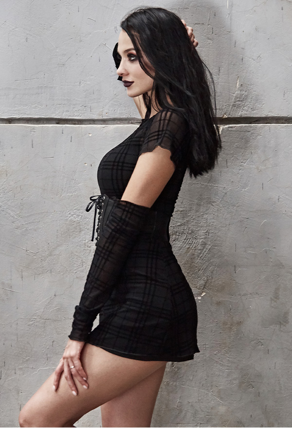 Gothic Grunge Party Dress Dark Style Black Polyester Retro Plaid Short Sleeve Dress