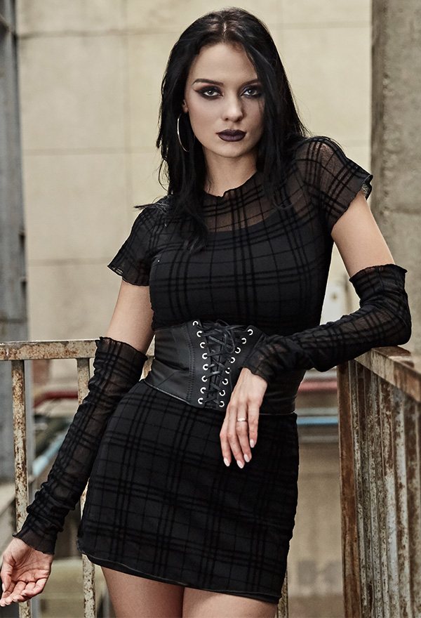 Gothic Grunge Party Dress Dark Style Black Polyester Retro Plaid Short Sleeve Dress