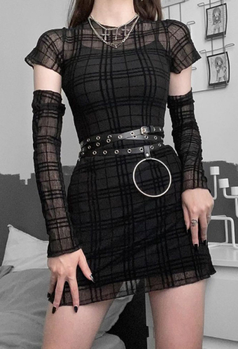 Gothic Grunge Party Dress Dark Style Black Polyester Retro Plaid Short Sleeve Dress