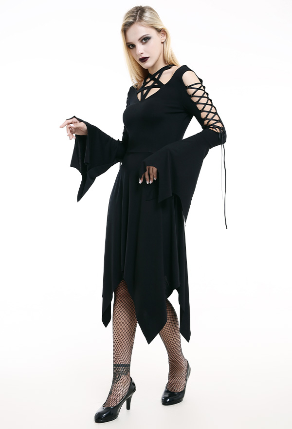 Dark Witch Halloween Bliss My Dear Bridesmaid Dress Gothic Midi Pentagram Neckline Dress Black Spandex Lace Up Sleeve Wedding Dress