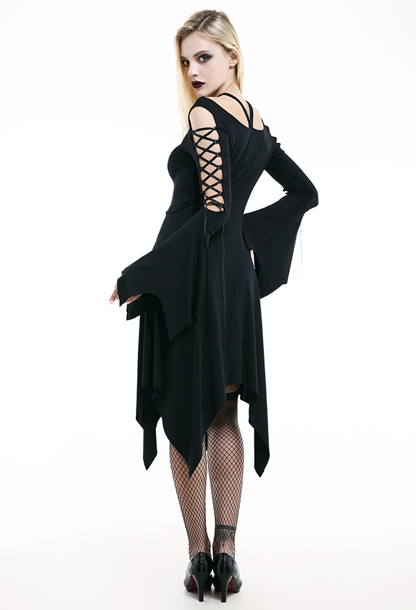 Dark Witch Halloween Bliss My Dear Bridesmaid Dress Gothic Midi Pentagram Neckline Dress Black Spandex Lace Up Sleeve Wedding Dress