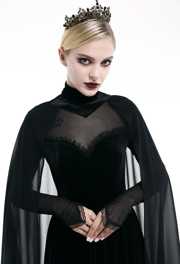 Victorian Evil Queen Bridal Gown Gothic Sheer High Slit Dress Chiffon Elegance Black Lace Overlay Long Wedding Dress Victorian Evil Queen Bridal Gown Gothic Sheer High Slit Dress Chiffon Elegance Black Lace Overlay Long Wedding Dress