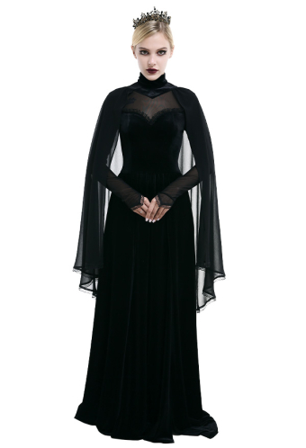 Victorian Evil Queen Bridal Gown Gothic Sheer High Slit Dress Chiffon Elegance Black Lace Overlay Long Wedding Dress