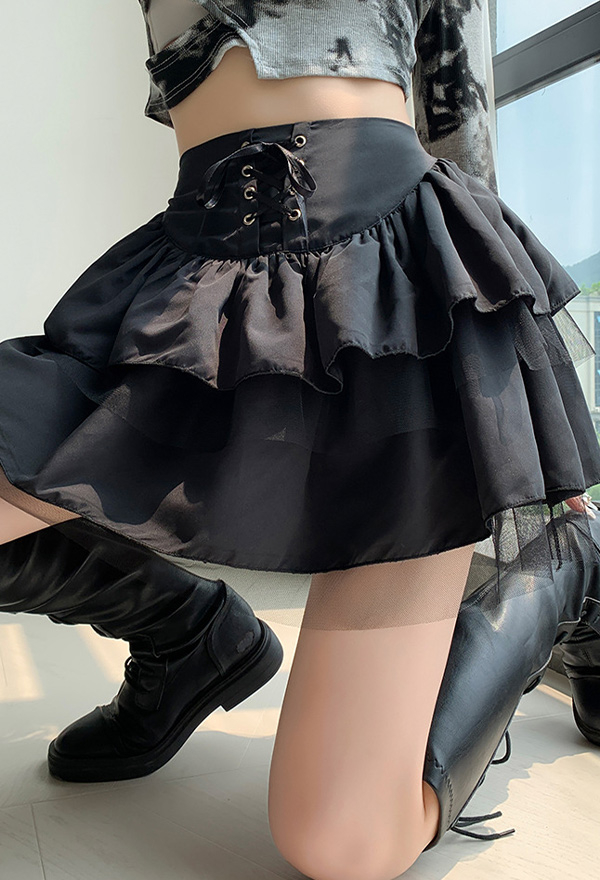 Gothic Mesh Spliced Cake Skirt Dark Style Black Polyester Tie-Front Ruffled Skirt