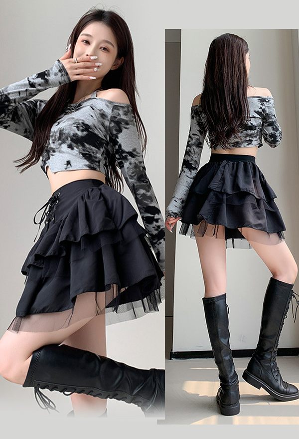 Gothic Mesh Spliced Cake Skirt Dark Style Black Polyester Tie-Front Ruffled Skirt
