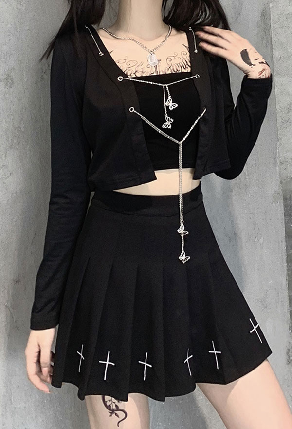 Gothic Cardigan Dark Style Black Cotton Long Sleeve Iron Chain Butterfly Breasted Navel Top Gothic Cardigan Dark Style Black Cotton Long Sleeve Iron Chain Butterfly Breasted Navel Top