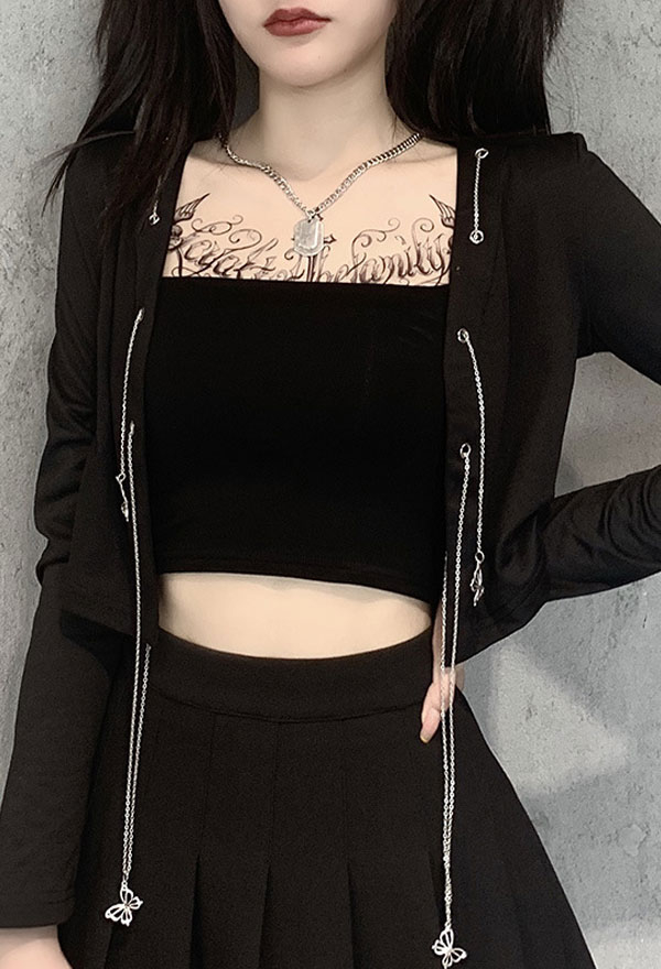 Gothic Cardigan Dark Style Black Cotton Long Sleeve Iron Chain Butterfly Breasted Navel Top Gothic Cardigan Dark Style Black Cotton Long Sleeve Iron Chain Butterfly Breasted Navel Top