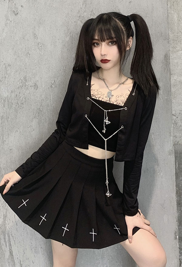 Gothic Cardigan Dark Style Black Cotton Long Sleeve Iron Chain Butterfly Breasted Navel Top Gothic Cardigan Dark Style Black Cotton Long Sleeve Iron Chain Butterfly Breasted Navel Top