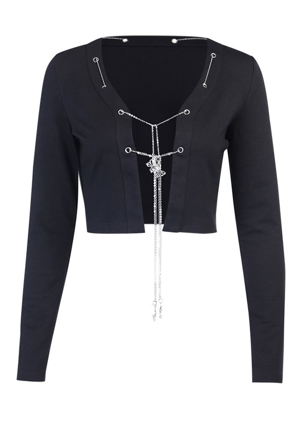 Gothic Cardigan Dark Style Black Cotton Long Sleeve Iron Chain Butterfly Breasted Navel Top Gothic Cardigan Dark Style Black Cotton Long Sleeve Iron Chain Butterfly Breasted Navel Top