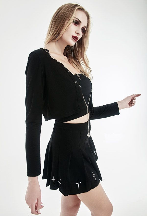 Gothic Cardigan Dark Style Black Cotton Long Sleeve Iron Chain Butterfly Breasted Navel Top Gothic Cardigan Dark Style Black Cotton Long Sleeve Iron Chain Butterfly Breasted Navel Top